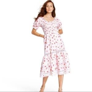 LoveShackFancy White and Pink Ruffled Tiered Midi Dress